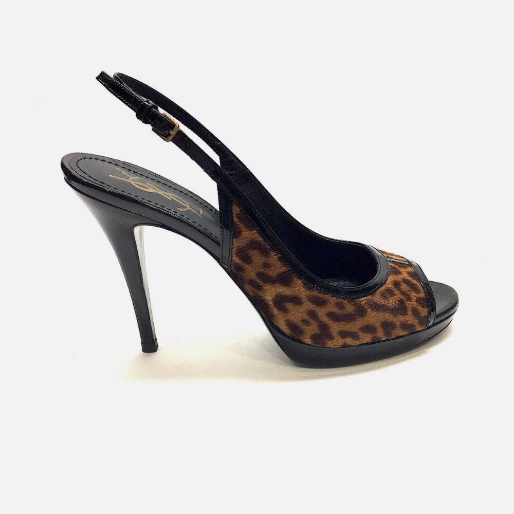 Saint Laurent Leopard Calf Hair Leather Slingback Platform Heels – Size 38